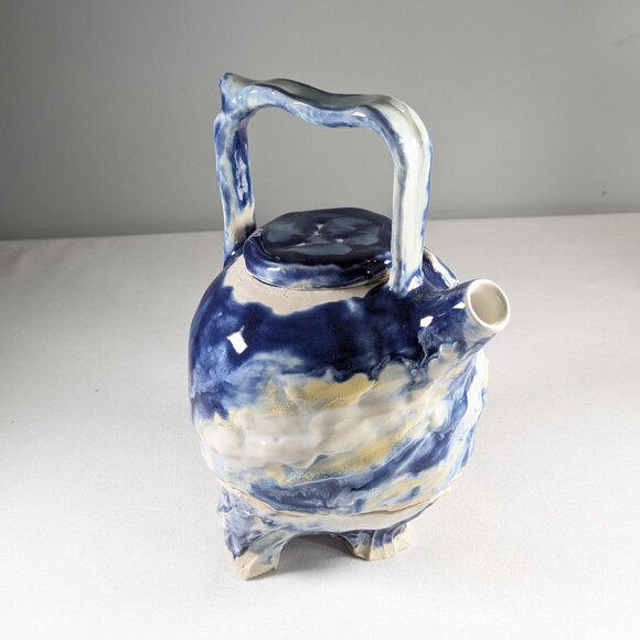 Sassy handmade teapot on stand, hand built ceramic tea pot summer clouds - Picture 2 of 15